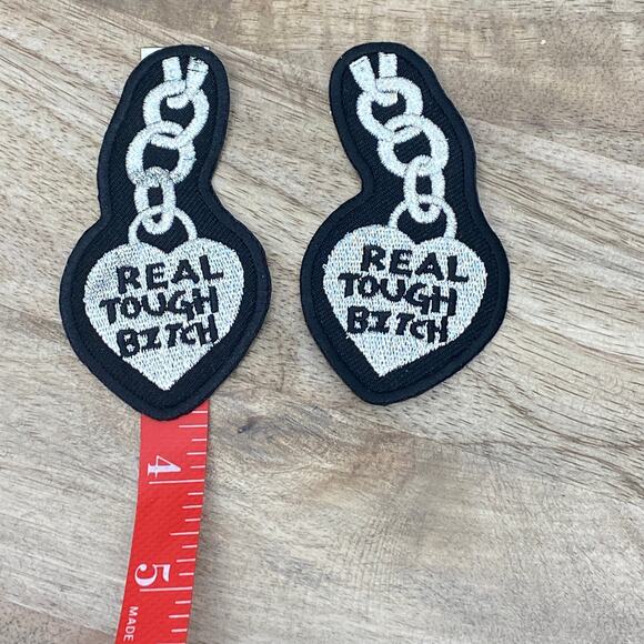 RTB Real Tough Babe Chain Heart Patches Biker Babe Coat Iron On Bling BLACK - Picture 3 of 5